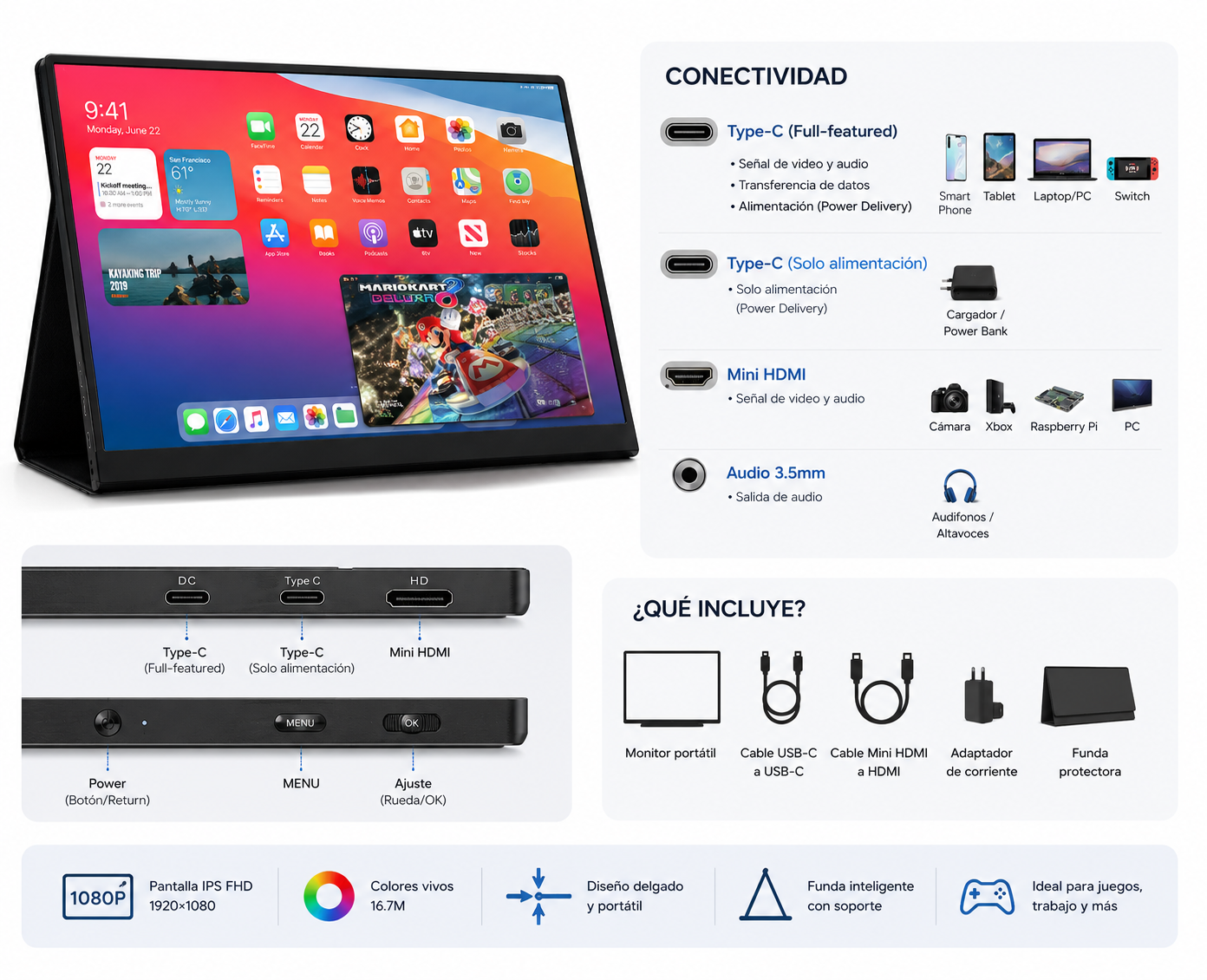 Monitor Portátil 15,6 Pulgadas Con Usb C Full Hd Altavoces - Imagen 2