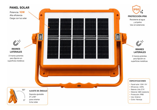 Foco Led Solar 100w 10000 Lm Ip66 Luz Emergencia Recargable Naranja - Imagen 4