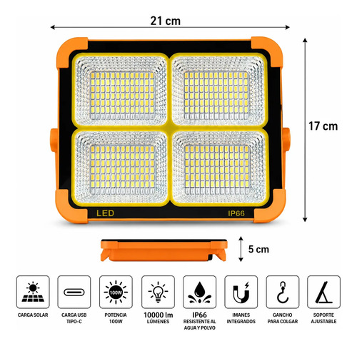 Foco Led Solar 100w 10000 Lm Ip66 Luz Emergencia Recargable Naranja - Imagen 2