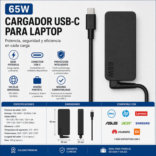 Cargador Notebook Usb-c 65w Para Lenovo Hp Dell Asus - Imagen 4