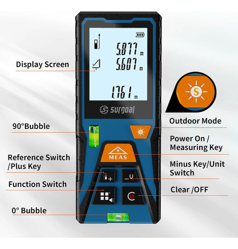 Medidor De Distancia Láser 60 Lcd, Cálculo De Área ±2 Mm - Imagen 3