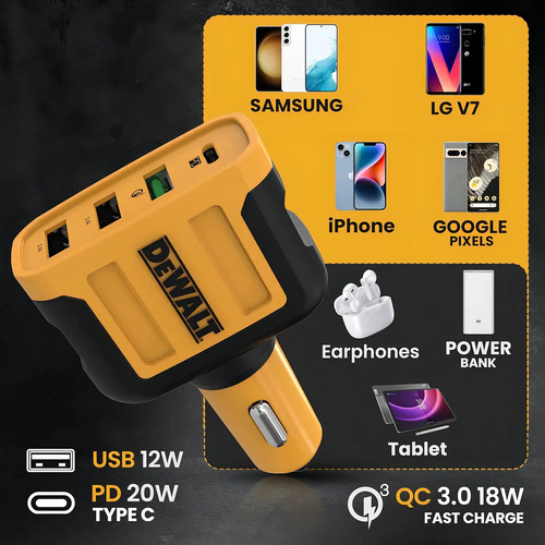 Dewalt Cargador De Auto Usb C De 60 W Y 4 Puertos Compatible Con Iphone 15 - Samsung Para Encendedor De Cigarrillos Amarillo - Imagen 5