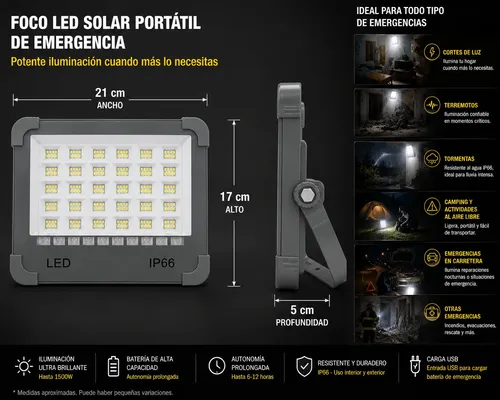 Foco Led Solar Emergencia Led Usb 1500w LP66 5 Modos Gris - Imagen 6