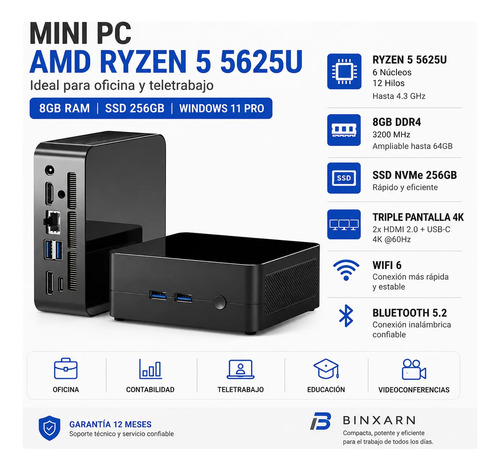 Mini Pc Amd Ryzen 5 5625u 8gb 256gb Ssd Wifi 6 4k - Imagen 3