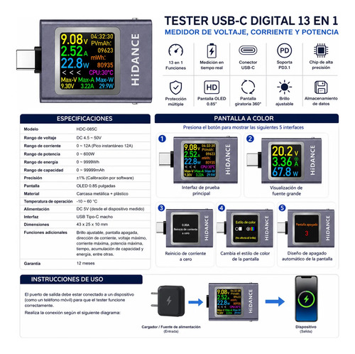 Tester Usb Digital 13 En 1 Pd3.1 Usb-c Voltaje Corriente Pote Azul Acero - Imagen 5