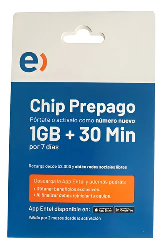 Chip Prepago Entel 1gb + 30 Minutos E Sim
