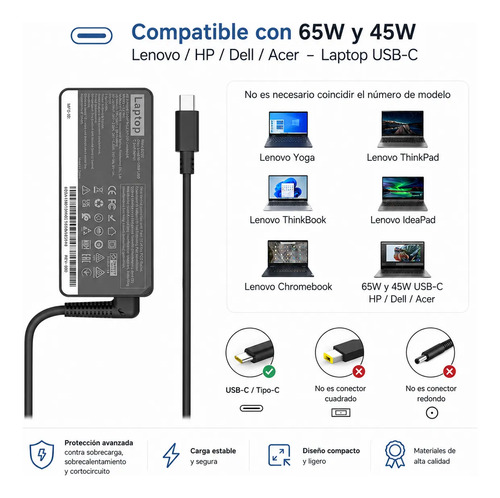 Cargador Notebook Usb-c 65w Para Lenovo Hp Dell Asus - Imagen 2
