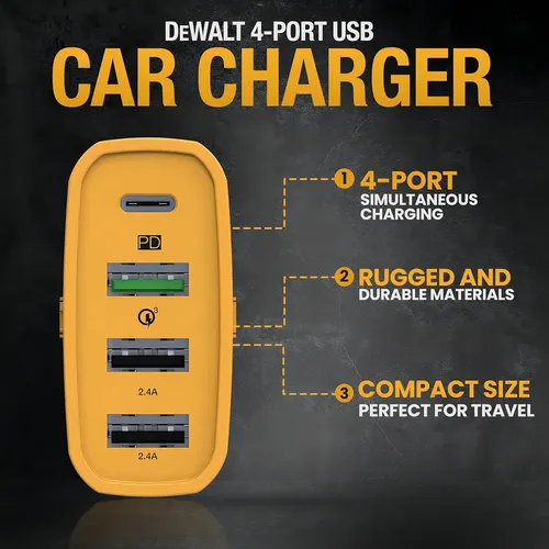 Dewalt Cargador De Auto Usb C De 60 W Y 4 Puertos Compatible Con Iphone 15 - Samsung Para Encendedor De Cigarrillos Amarillo - Imagen 2