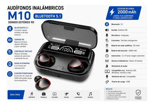Audífonos Inalámbricos Bluetooth V5.1 M10 Powerbank 2000 Color Negro - Imagen 3
