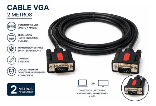 Cable Vga 2 Metros Conectores Gold Monitor Proyector - Imagen 2